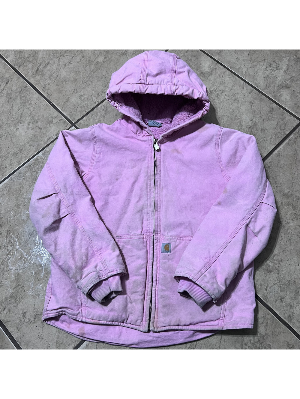 Carhartt Girls Pink Sherpa Lined Canvas Hoodie Full Zip Jacket Outdoors Med10/12